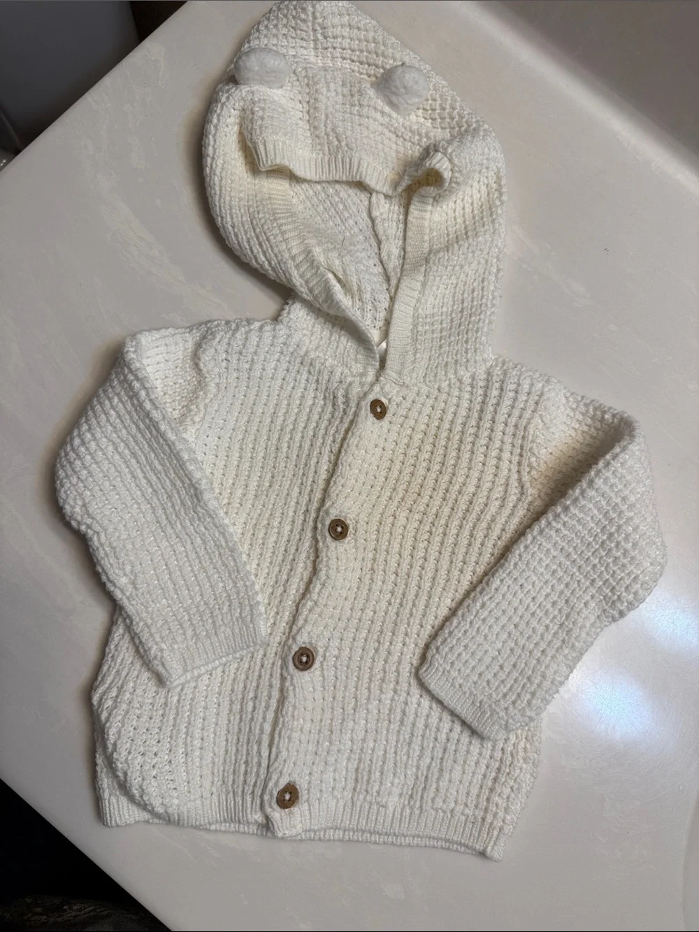 Carter's Cream Knit Hooded Cardigan with Pom Accents